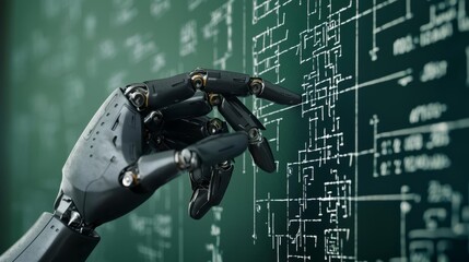 Robot arm writing trading algorithms on a virtual blackboard, programming, algorithm creation for automated trading