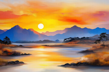Fototapeta premium Sunset Background In Impasto Painting Style