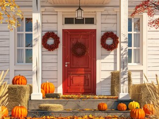 Obraz premium Cozy autumn porch with a vibrant red door and seasonal decorations