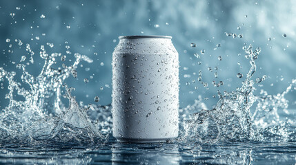 A can of beverage surrounded by water droplets and splashes.