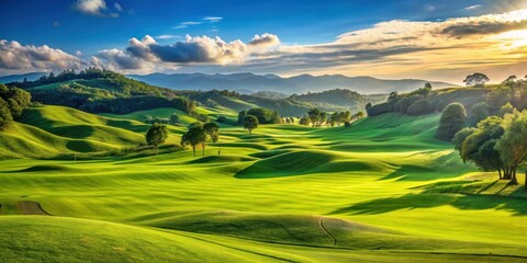 Obraz premium A serene green golf course with rolling hills and blue sky