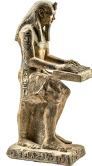 Naklejka premium Full-length statue of an Egyptian pharaoh typing on a stone keyboard the keyboard integrated with the statue's material plain white background