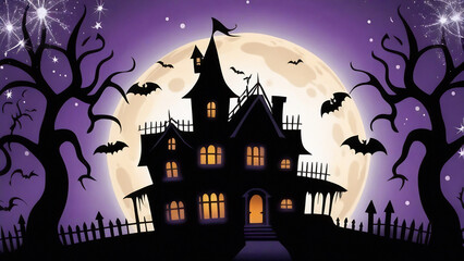 Haunted house under full moon, purple sky, twisted trees, bats, playful style
