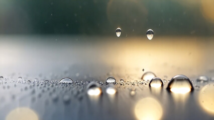 reflective surface closeup with water droplets and blurred lights