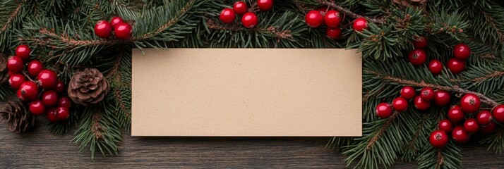 Blank white greeting card with copy space. Christmas natural pine or fir tree branches background. Christmas lights, pine cones and orange plant natural decorations