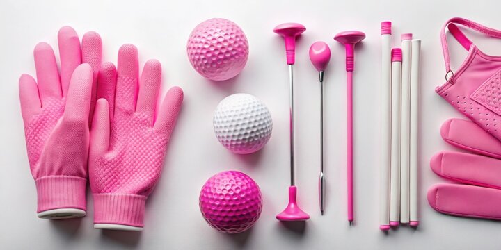 Flat lay arrangement of pink groupage golf accessories including clubs, balls, tees and gloves on white background