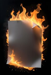 a sleek rectangular frame encircled by flames, with bright yellow and orange colors blending together, set against a solid black background, vibrant color palette, cold light tones, blue tones, flash 