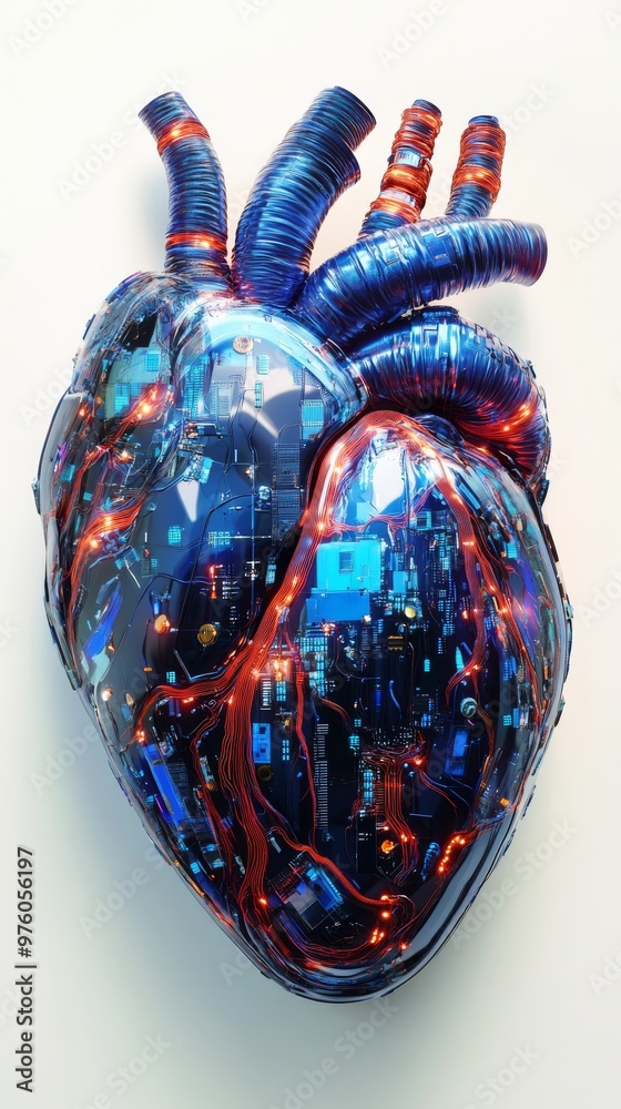Poster futuristic cybernetic heart with illuminated circuits concept