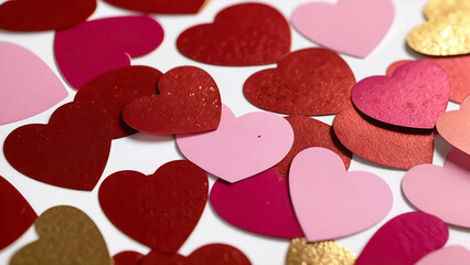 Fototapeta premium Heart-shaped cutouts in various colors on white surface, 