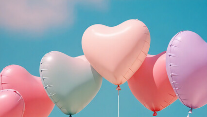 Floating heart balloons in pastel colors, blue sky background. - Powered by Adobe