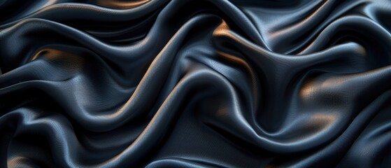 Obraz premium Black background with soft folds of fabric, top view. Texture for product presentation mockup design or wallpaper.