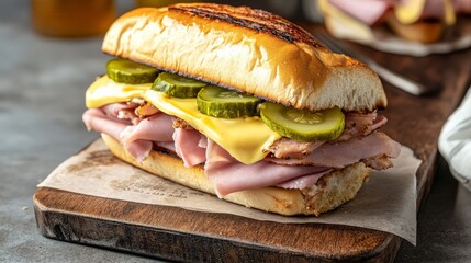 Delicious Cuban Sandwich with Ham, Pickles, and Cheese