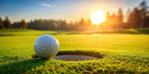 Close-up shot of a golf ball near the hole on a green grass field
