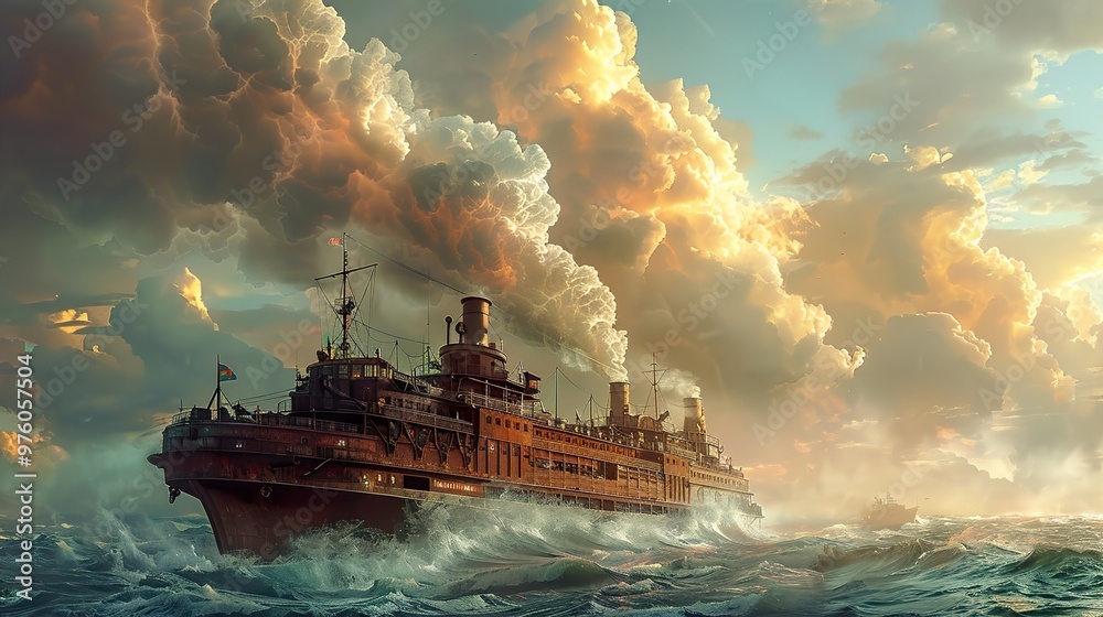 Wall mural Vintage Steamship Sailing Through Dramatic Skies