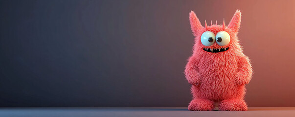 Fototapeta premium Furry monster with antennae, blinking and glowing, stands against dark background, exuding playful and whimsical vibe. Its vibrant pink fur and large eyes create captivating character