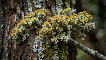 Close-up shot of lichen Hypogymnia physodes clinging to an aged tree branch.