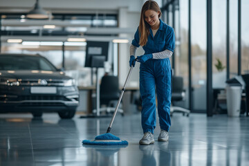 A woman in a full-length blue outfit cleaning the showroom of a car dealership, an office is visible in the background. Cleaning advertising