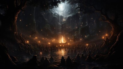 Fototapeta premium A magical illustration of a spellbinding moonlit ritual in an ancient forest