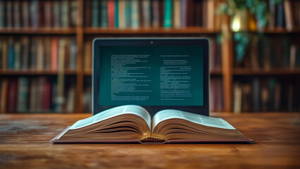 An open book rests on a wooden table in front of a library backdrop, with a tablet screen placed horizontally behind it. For modern education concept.