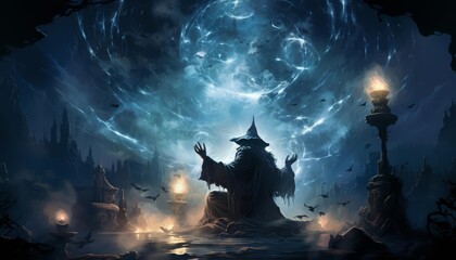 Naklejka premium A magical illustration of a wizard conjuring spells by moonlight