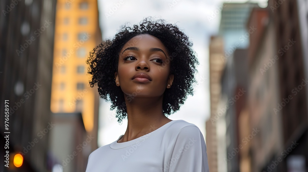 Wall mural A woman wearing a white raglan shirt poses confidently in a city setting 