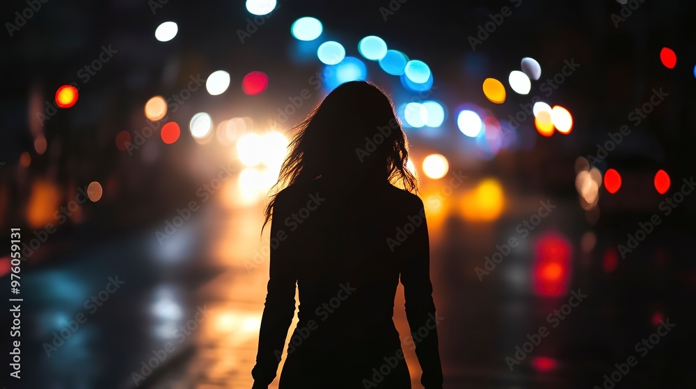 Poster Silhouette of a young woman walking home alone at night on empty street 