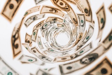 A swirling spiral of dollar bills creates an illusion of movement and wealth. This image is ideal for finance concepts and economic themes. Generative AI