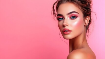 Fototapeta premium A beautiful woman showcasing vibrant makeup with a playful pose against a soft pink background, exuding confidence and elegance