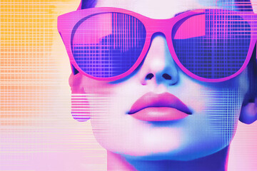 Close up of a woman wearing pink sunglasses, looking up.