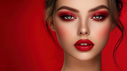 Fototapeta premium A woman with a red lipstick and a red eye shadow 