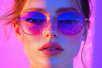 Close up portrait of a woman wearing pink glitter sunglasses.