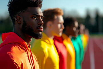 Fototapeta premium Diverse athletes in colorful hoodies, standing together on a track, showcasing unity and focus in sports training.