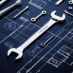 Fototapeta premium Blueprint of a wrench laid out with other mechanic tools, industrial precision, side view