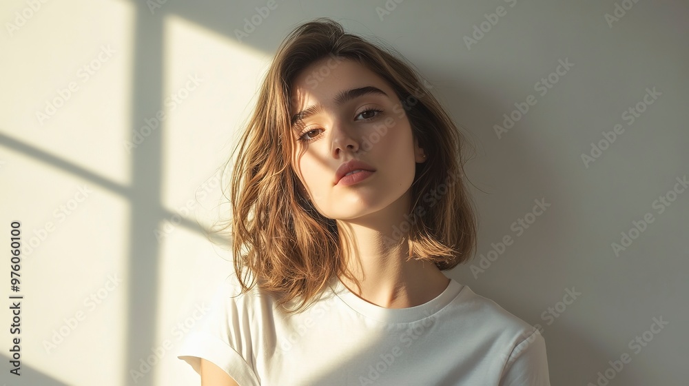 Canvas Prints A woman with brown hair wears a white t-shirt and poses against a white wall in a studio setting. Natural light streams in through a window 