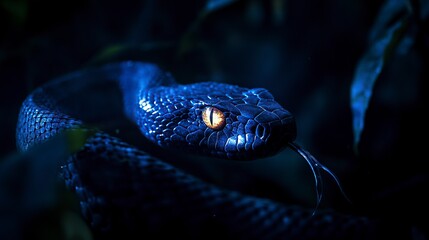 Obraz premium A close-up of a blue snake with a striking yellow eye, blending into a dark, leafy environment.