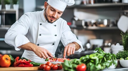 A professional chef skillfully prepares fresh ingredients in a modern kitchen, showcasing culinary expertise and creativity.