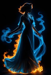Fototapeta premium 3d model, Backview of a nude female figure of Caucasian descent with white energy pulsating from her body, set against a dark, fiery abstract background with bright, fiery streaks., figure, octane ren