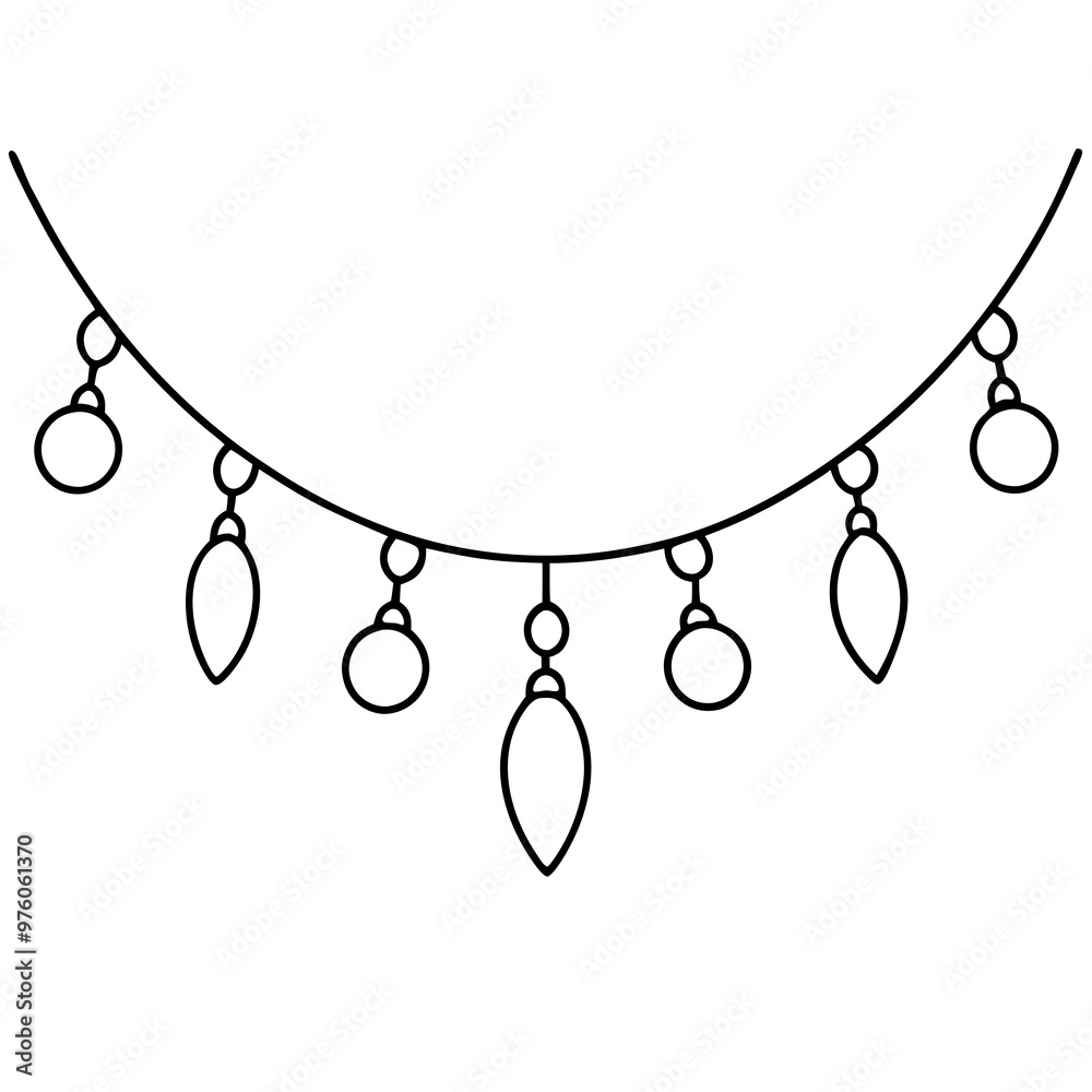 Sticker a decorative garland with lights and ornaments hanging, shown in curved lines with subtle detail vec