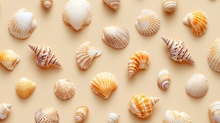 Symmetrical Seashell Patterns on Sandy Beige Background - Minimalist Flat Lay Composition in High Resolution