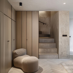 Modern corridor with wooden paneling, unique beige chair, and staircase leading upwards. space is minimalistic and well lit, creating warm and inviting atmosphere