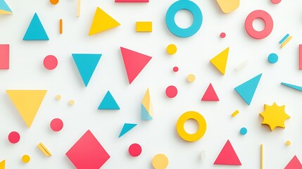 Symmetrical Minimalist Geometric Pattern with Vibrant Circles, Triangles, and Squares on White Background