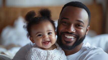 Happy loving young African American dad holding adorable smiling kid