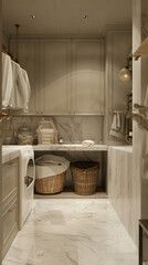 A modern laundry room with marble flooring, wooden cabinets, and wicker baskets. space is well organized and features washing machine, hanging clothes, and various storage solutions