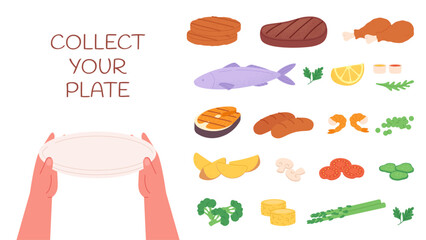 Collect your plate. Dinner lunch cafe bar restaurant bbq constructor menu. Hands holding empty plate, grilled meat fish sausages vegetables, vector design