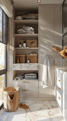 A well organized laundry room with shelves, baskets, and cleaning supplies, bathed in natural light. space features laundry basket, folded towels, and serene, tidy atmosphere