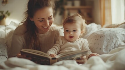 Happy young caucasian mom holding book reading stories to her kid