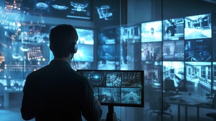 A person monitors multiple surveillance screens in a high-tech control room.