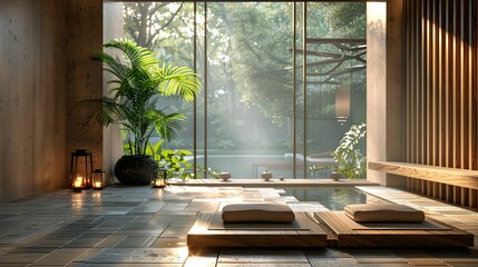 Modern Spa Interior with Wooden Platform and Pool