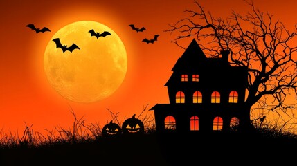 Spooky Halloween silhouette with a full moon, a haunted house, bats and pumpkins.