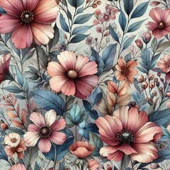 floral seamless pattern with drawing watercolor abstract flowers and plants